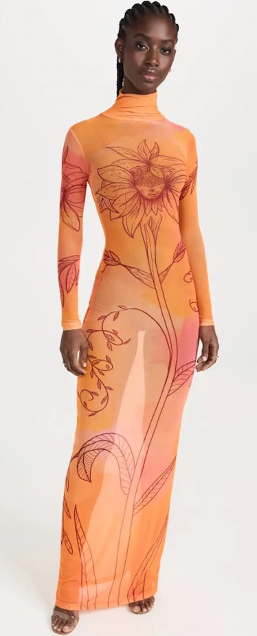 orange turtleneck maxi dress