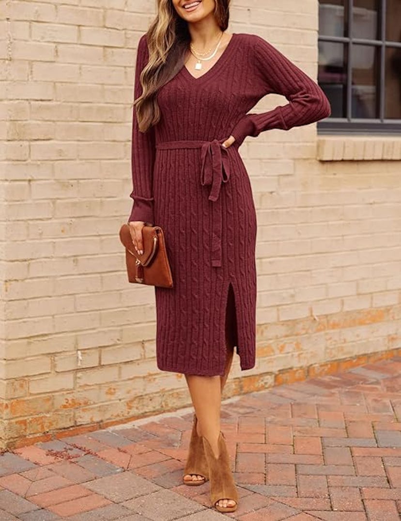 MEROKEETY Women's V-Neck Cable Knit Sweater Dress