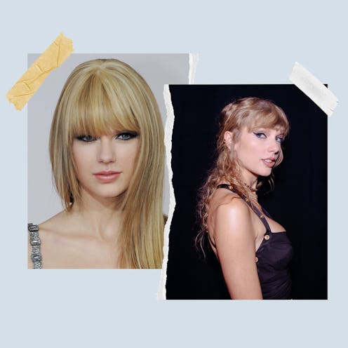 Taylor Swift's hair evolution includes long, blunt bangs in 2010 and the short, curly bangs she's we...