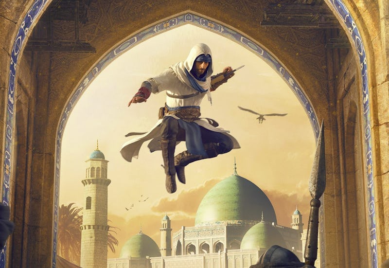 Assassin's Creed Mirage key art, Basim jumping with hidden blade.