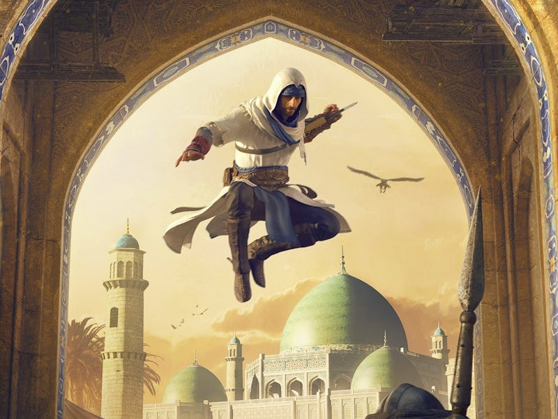 Assassin's Creed Mirage key art, Basim jumping with hidden blade.