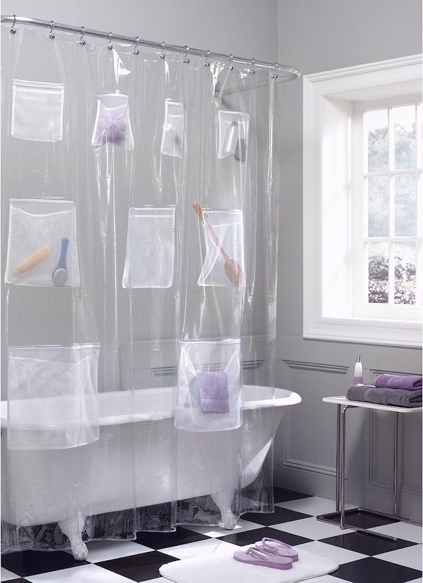 MAYTEX Waterproof Shower Curtain With Mesh Storage Pockets