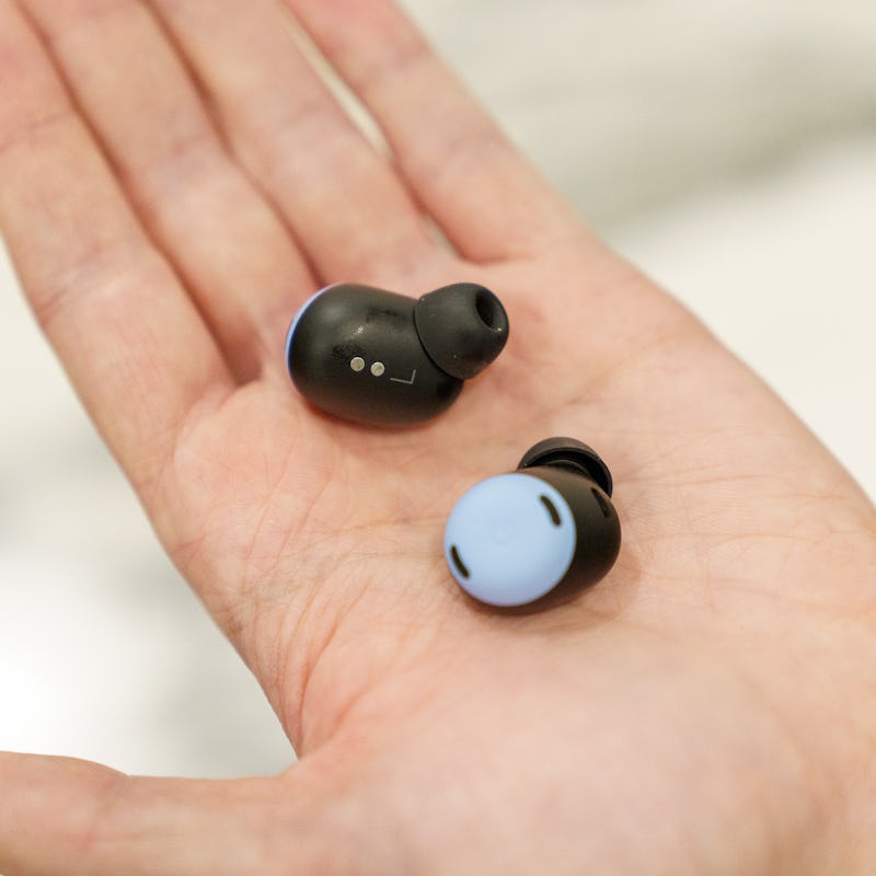 Google's Pixel Buds Pro wireless earbuds in a hand.