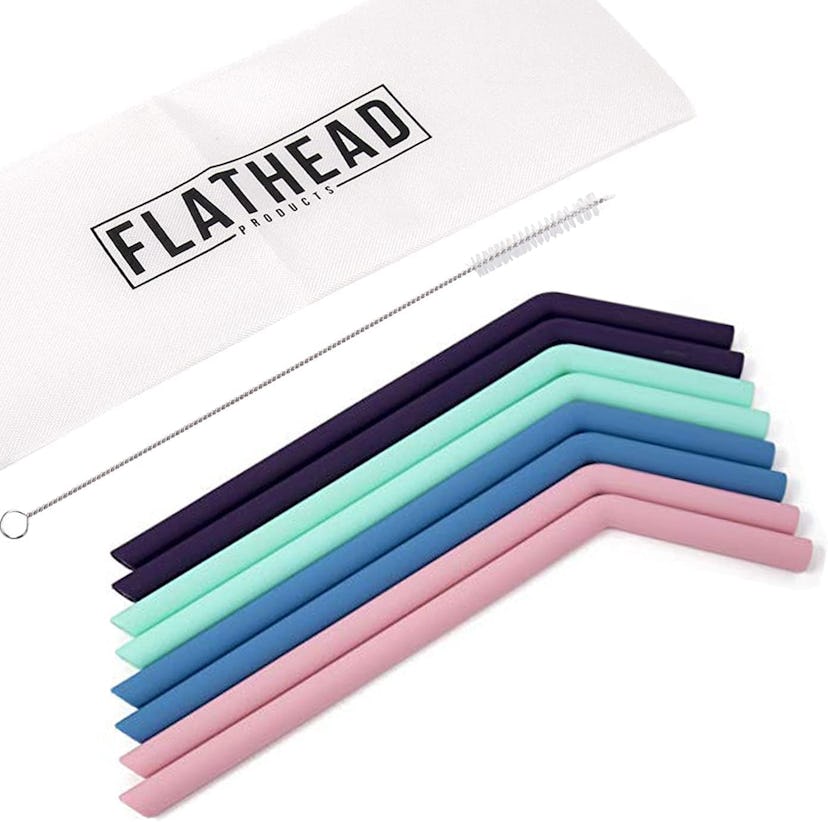 Flathead Reusable Silicone Smoothie Straws & Cleaning Brush (8-Pack)