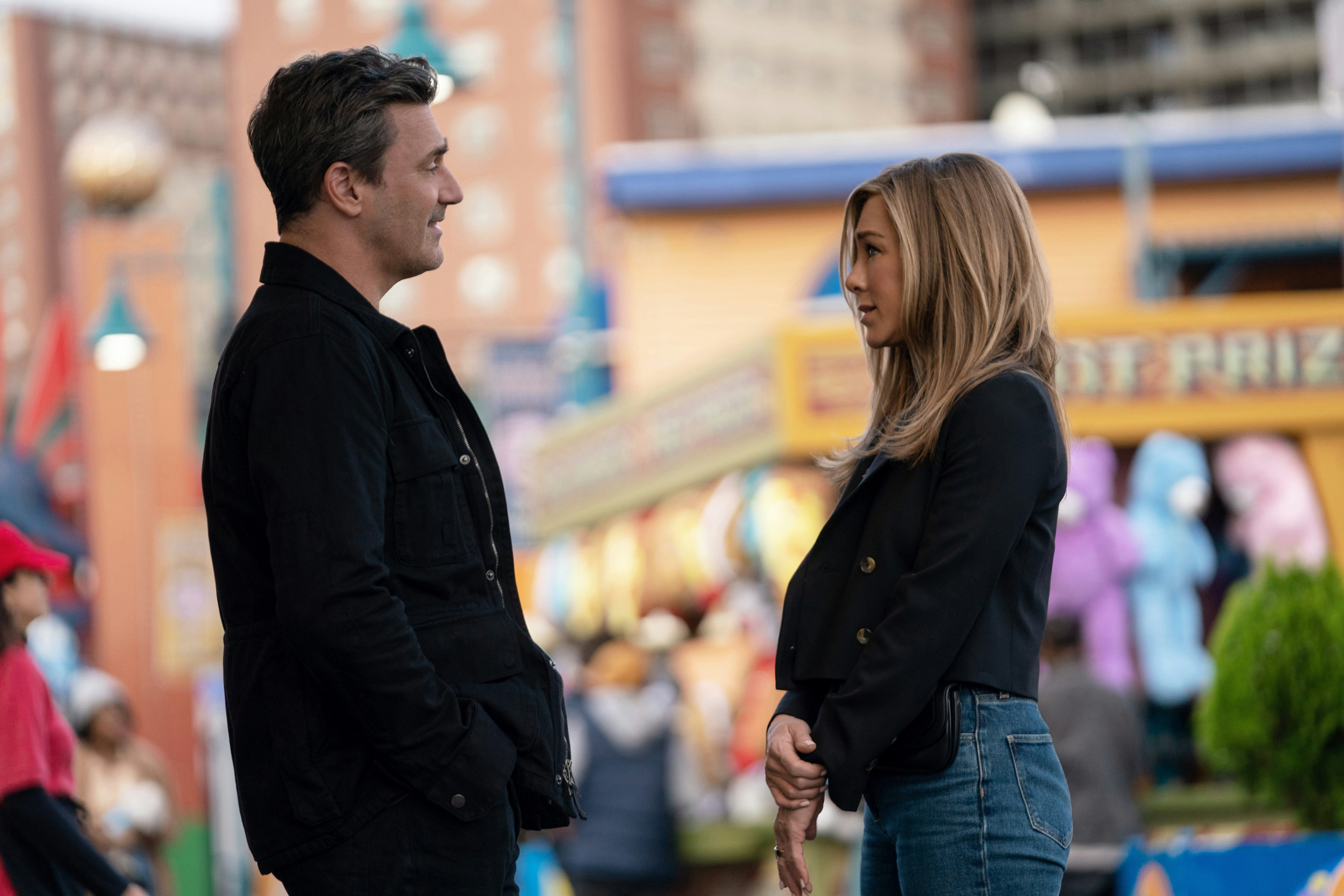 Jon Hamm and Jennifer Aniston on Apple TV&rsquo;s The Morning Show.