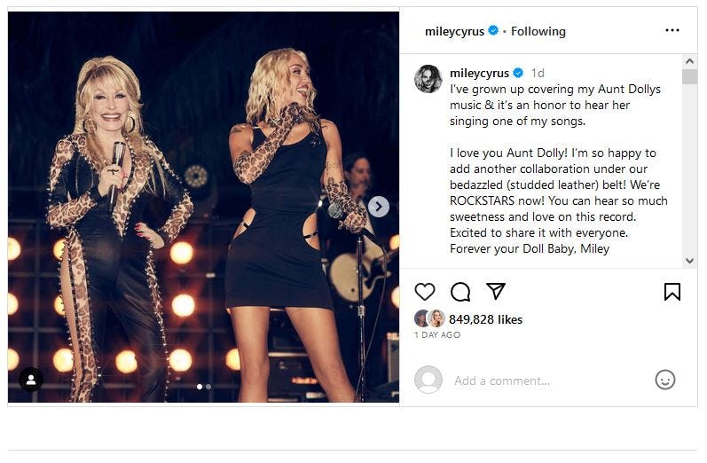 Miley Cyrus and Dolly Parton celebrated their &ldquo;Wrecking Ball&rdquo; duet with sweet words for one another.