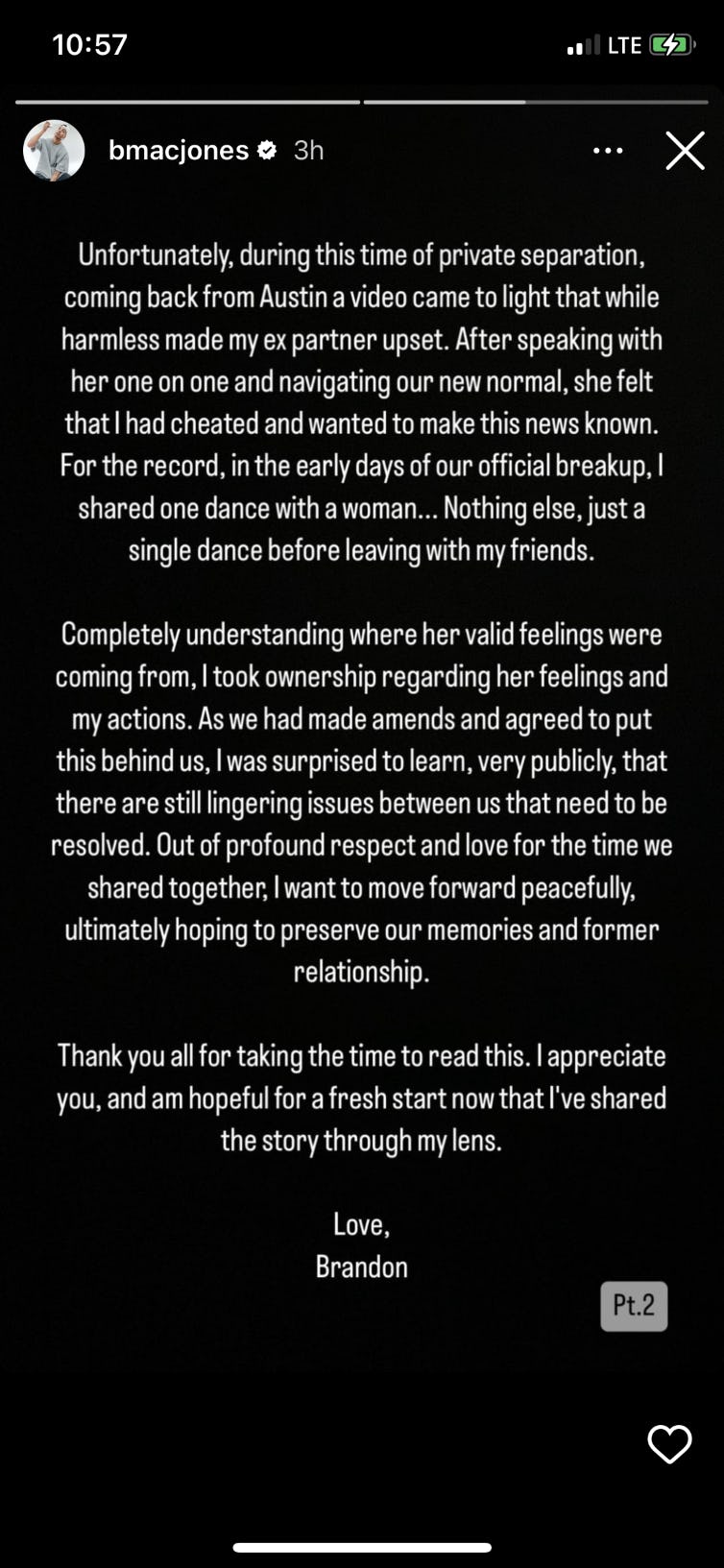 &lsquo;Bachelor in Paradise&rsquo; vet Brandon Jones addresses his split from Serene Russell in an Oct. 21 Insta&hellip;