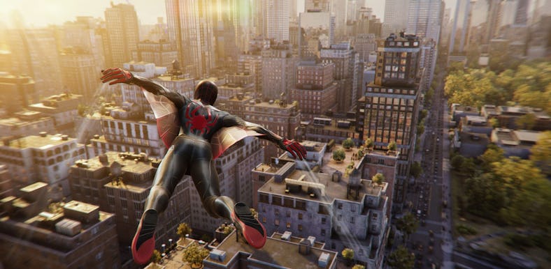 Miles gliding through NYC, Marvel's Spider-Man 2