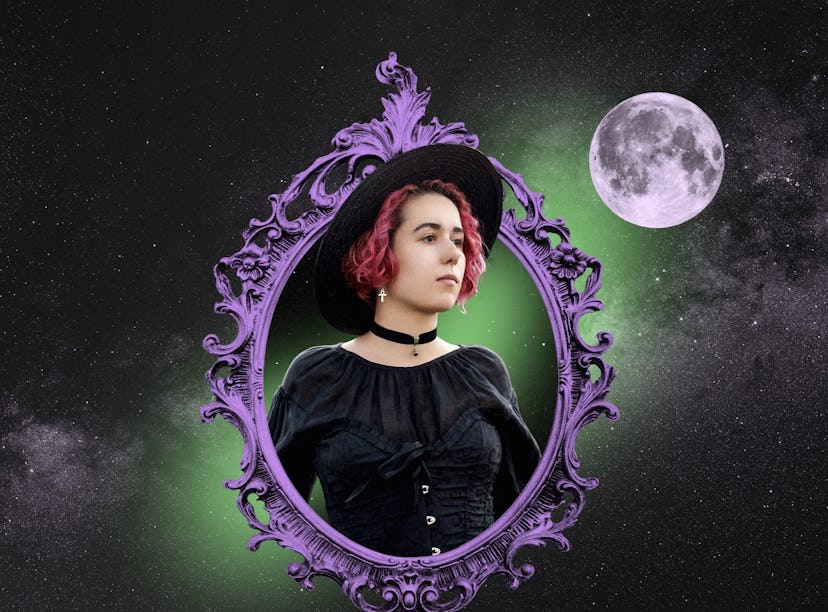 Young woman in costume reading her Halloween 2023 horoscope.