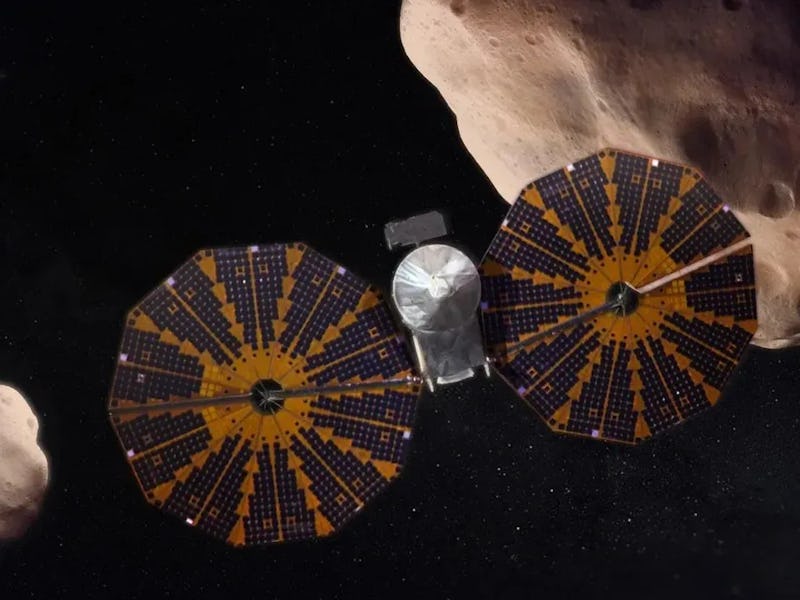 Two bug=eyed solar panels sit on either side of a smaller metal spacecraft, seen in this illustratio...