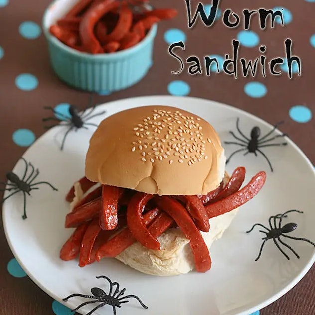 A hot dog sandwich that looks like worms, one of many cute Halloween lunch ideas for kids