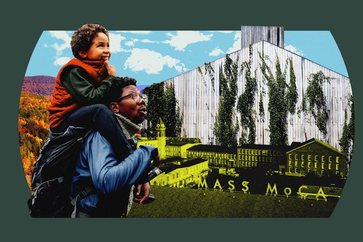 A parent and child look off into the distance, next to the MASS MoCA museum.