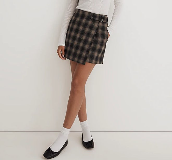 Buckle-Belt Wrap Mini Skirt in Plaid