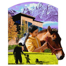 A young girl with a horse stands in front of a cabin in the mountains, and in the foreground, a fath...