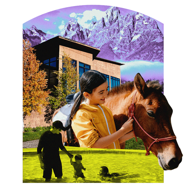 A young girl with a horse stands in front of a cabin in the mountains, and in the foreground, a fath...