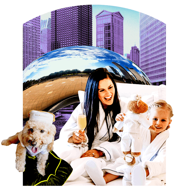 A dog sits with a parent and child as they play with a stuffed animal in front of the Bean in Chicag...