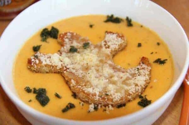 Squash soup with a ghost shaped crouton, one of many cute Halloween lunch ideas for kids