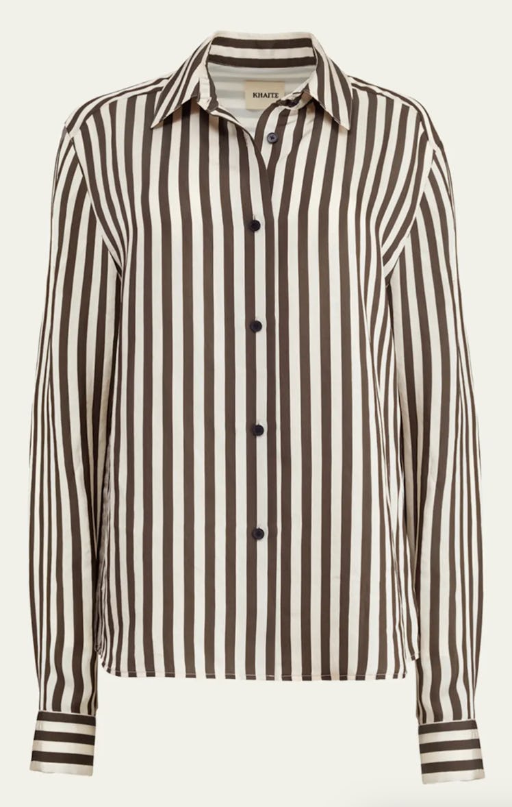 brown and white striped button-down