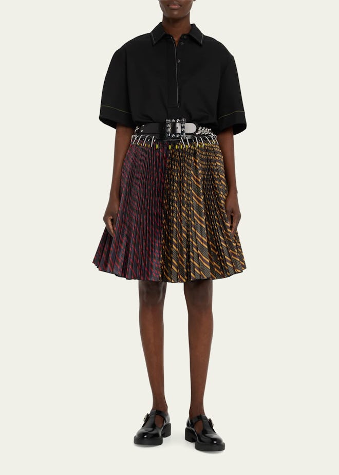 Fugen Carabiner Spliced Plaid-Print Belted Mini Skirt