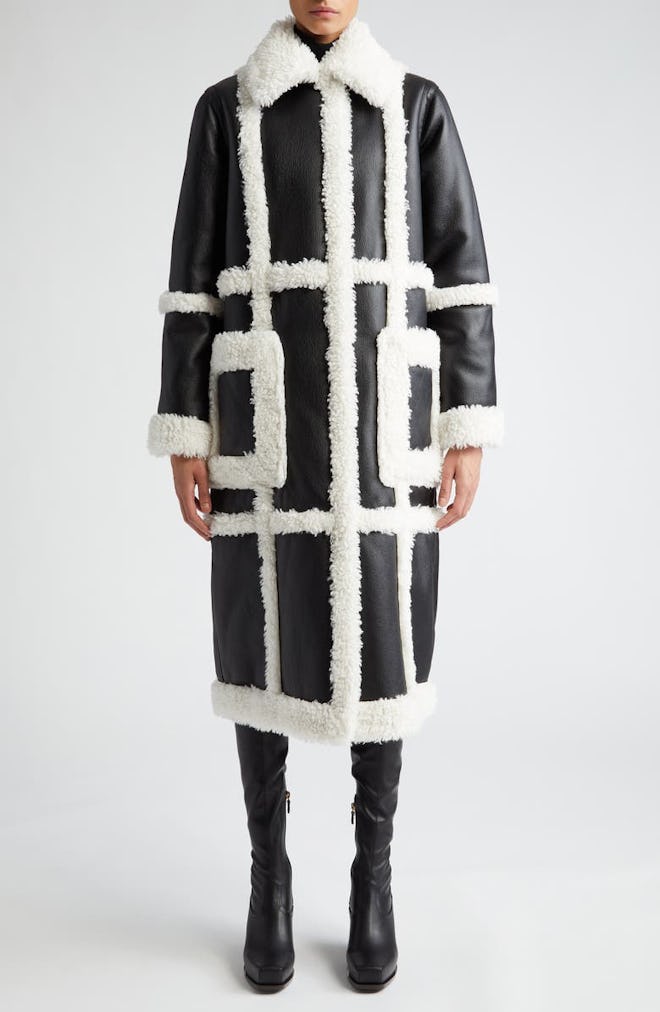Patrice Faux Leather Coat with Faux Shearling Trim