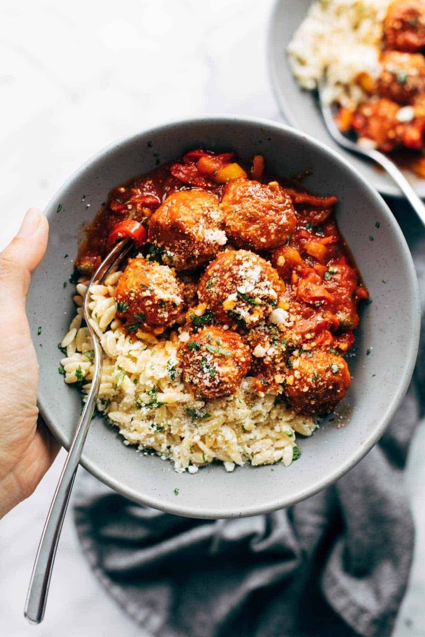 chicken meatballs with orzo and peppers