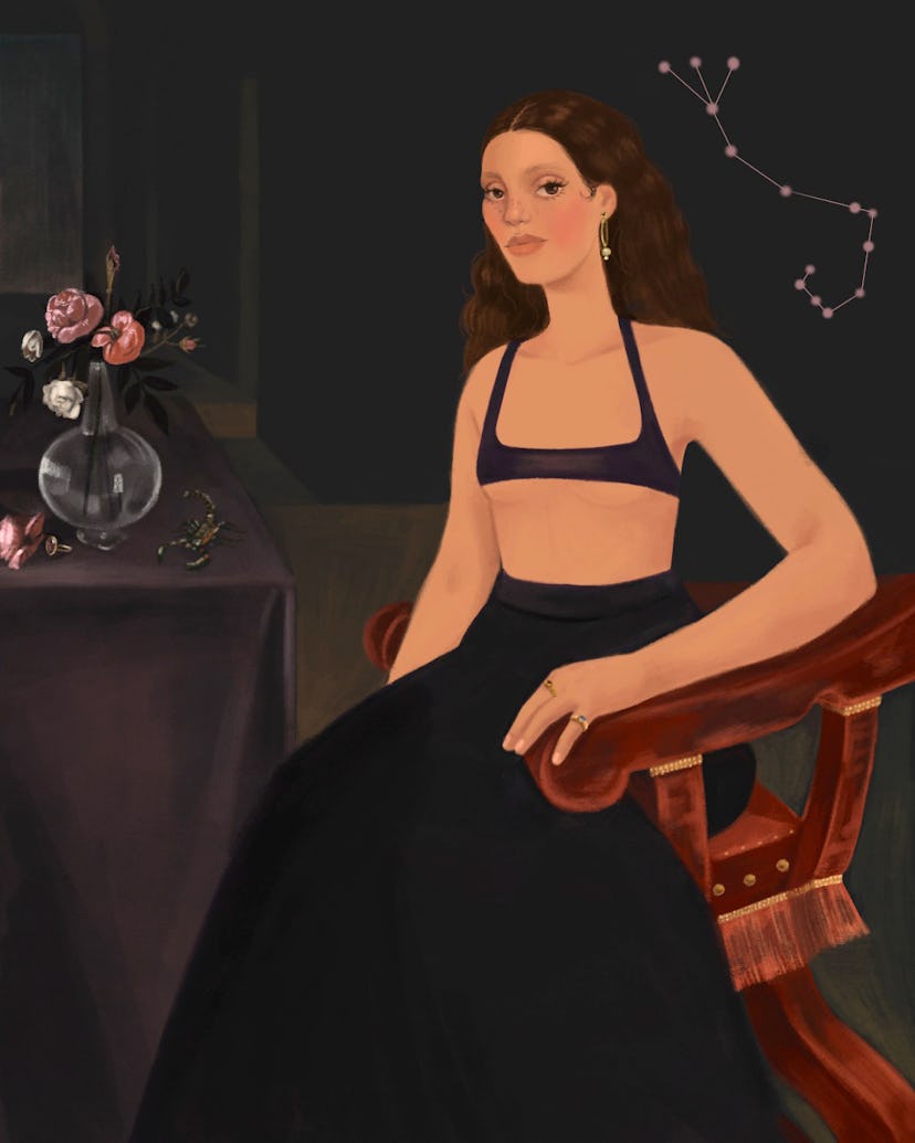an illustration of a person in a bra top sitting next to a vase of flowers