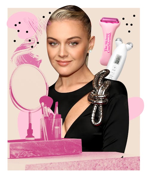 Singer Kelsea Ballerini's beauty routine includes under-eye patches and facial-sculpting tools.