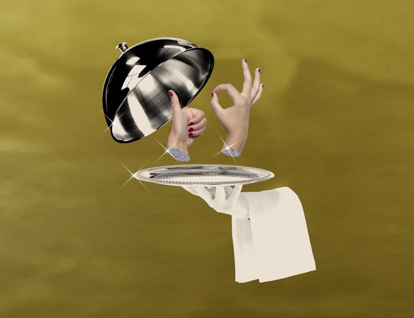 hands doing the OK sign in a silver platter, because you can be a good host without being a good coo...