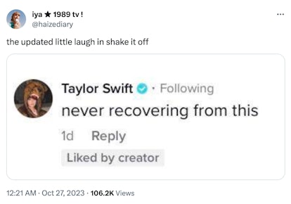 Screenshot of a tweet about the laugh in "Shake It Off"