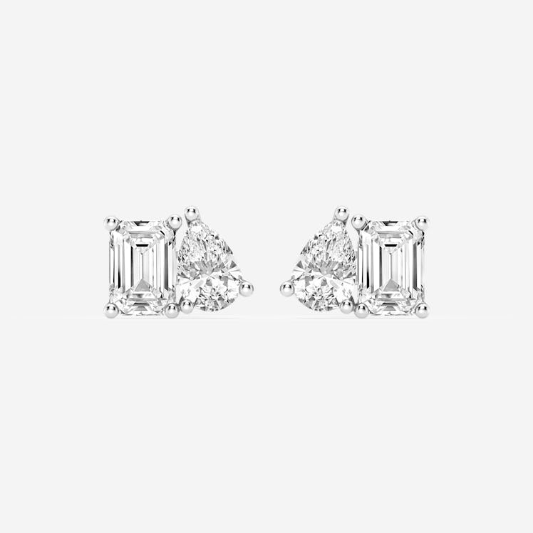 Emerald and Pear Lab Grown Diamond Two Stone Stud Earrings