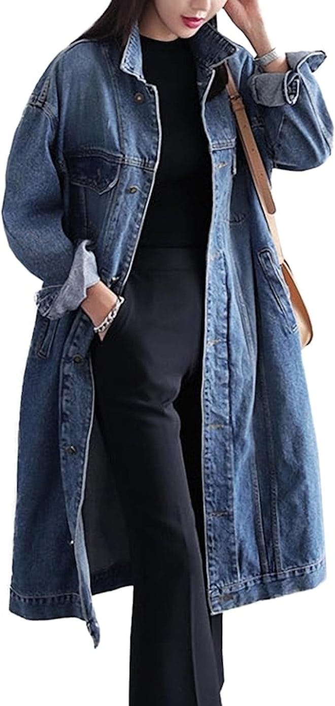 Jofemuho Womens Classic Long Jean Jacket Plus Size Loose Long Sleeve Button Down Denim Jacket Trench...