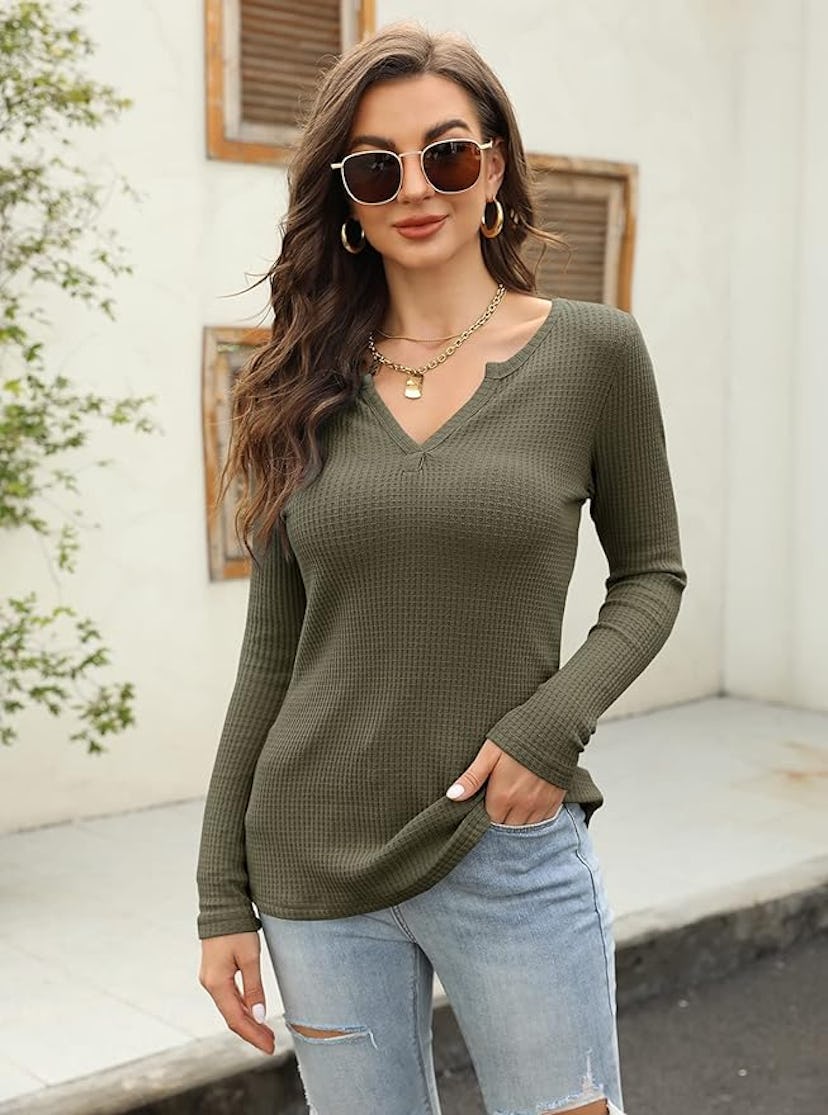 Farktop V Neck Waffle Knit Henley Top