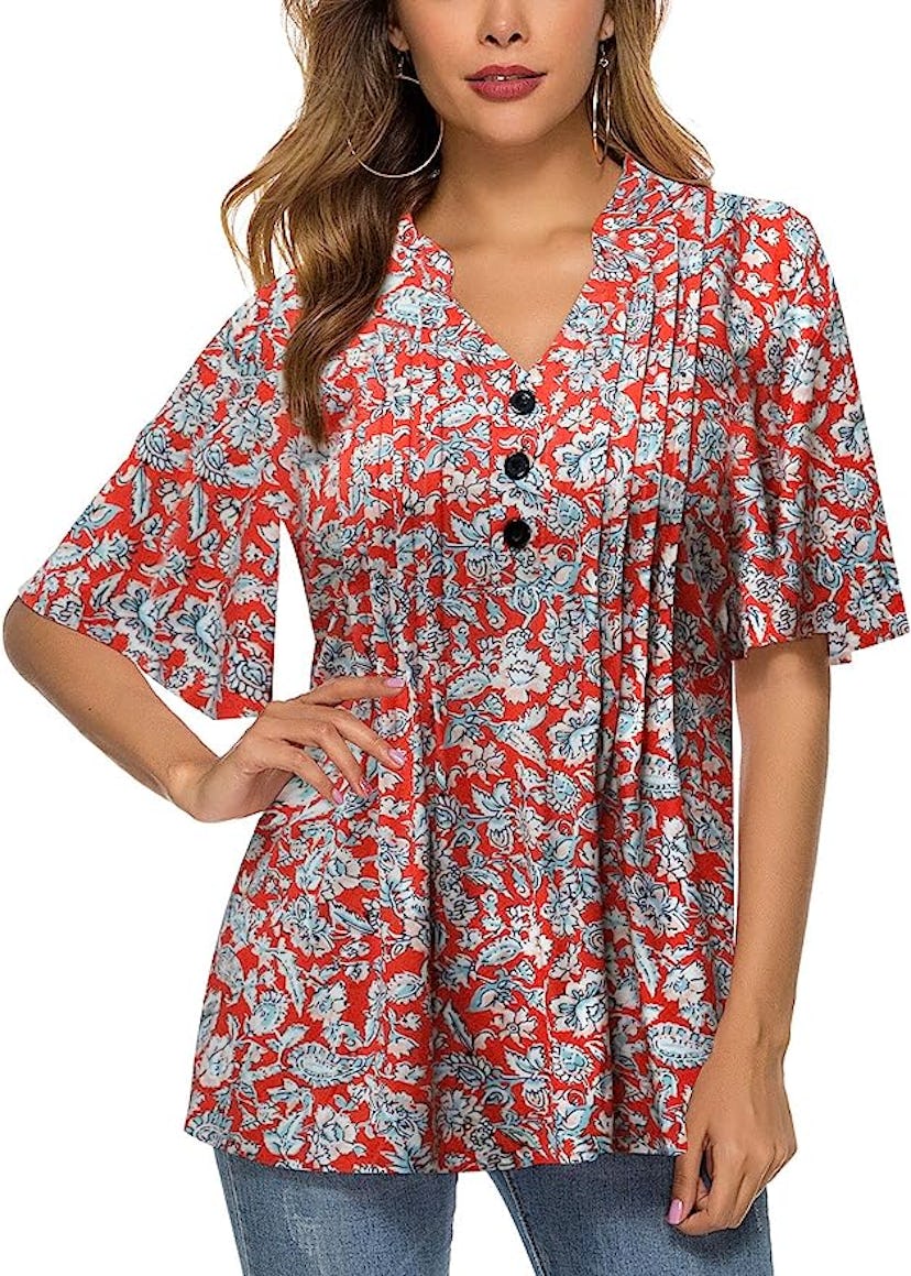 HOCOSIT Pleated Front V Neck Button Tunic Top