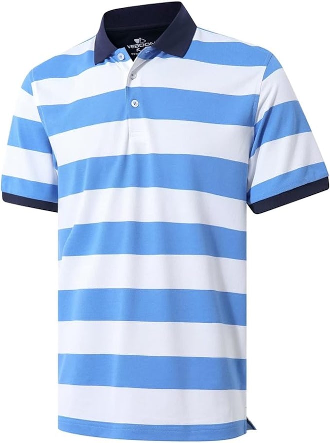 VEBOON Men's Pique Stripe Polo Shirts Short Sleeve Cotton Blend Performance Fashion Casual Collared ...