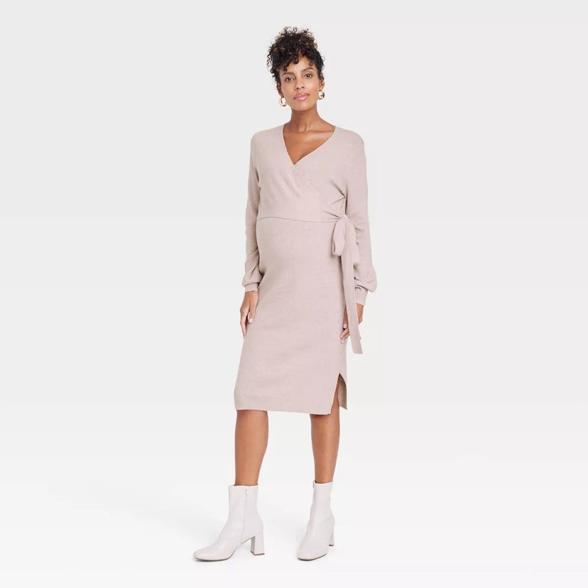 Long Sleeve Tie-Front Maternity Sweater Dress