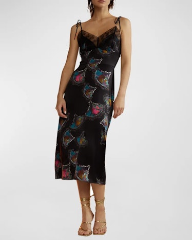 Cynthia Rowley Lace-Trim Abstract-Print Silk Midi Slip Dress