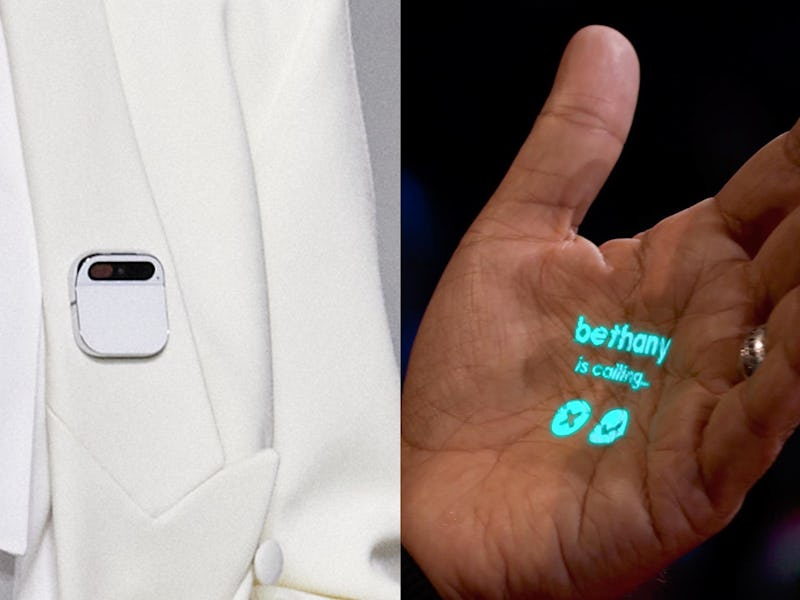 A model wearing the Humane Ai Pin at the Coperni show during Paris Fashion Week 2023.