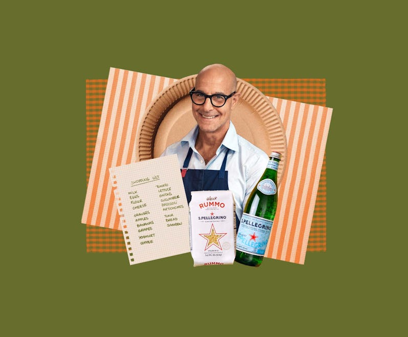 Stanley Tucci amid a shopping list, bottle of S. Pellegrino, and stelline pasta.
