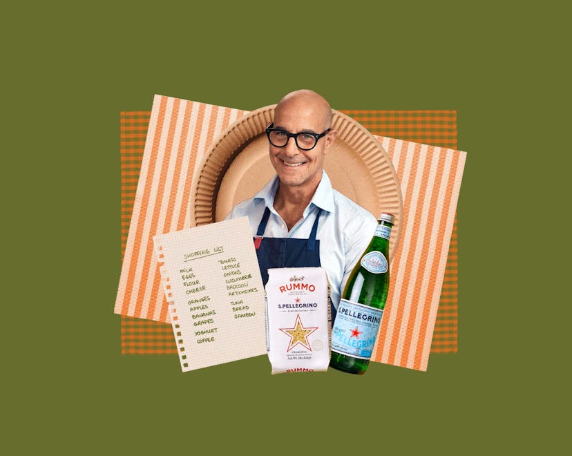 Stanley Tucci amid a shopping list, bottle of S. Pellegrino, and stelline pasta.