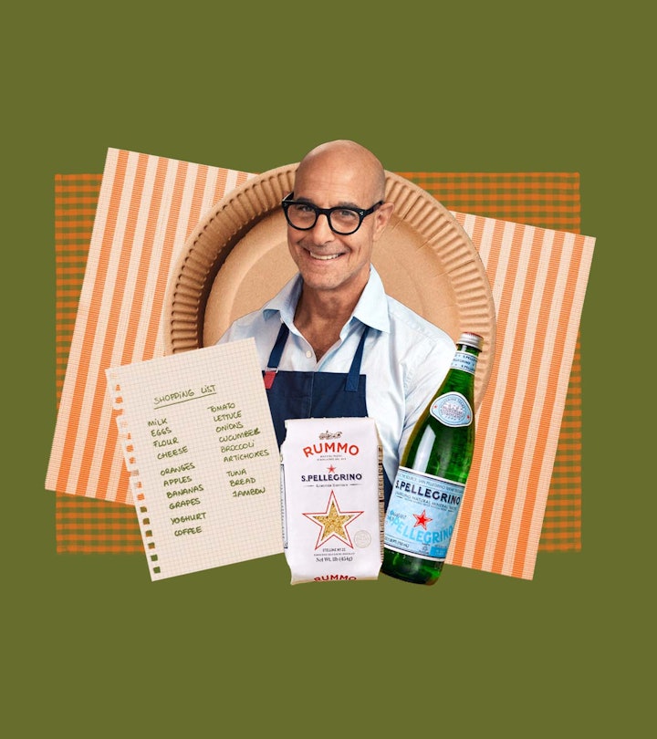 Stanley Tucci amid a shopping list, bottle of S. Pellegrino, and stelline pasta.