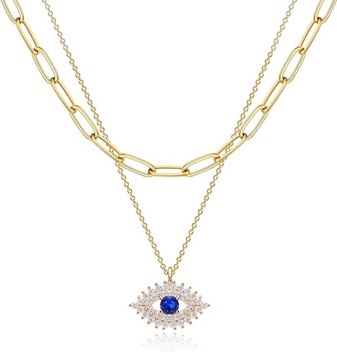 MEVECCO Layered Chain Necklace and Evil Eye Pendant