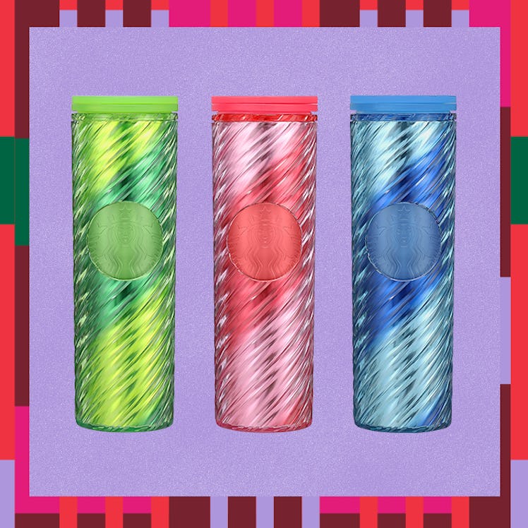 The Starbucks winter merch collection for 2023 has colorful tumblers. 