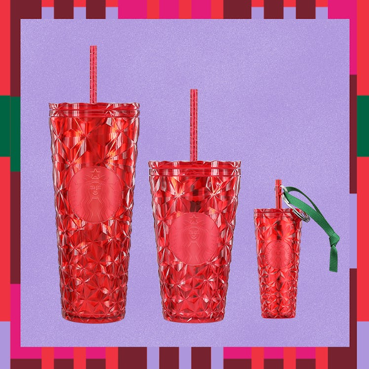 Starbucks holiday 2023 collection includes red cold cups and ornaments. 