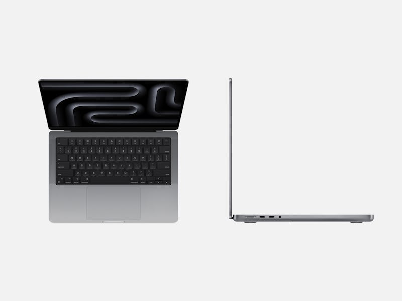 Apple 14-inch MacBook Pro with M3 chip and its keyboard, trackpad, and Liquid retina display ports