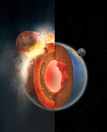 An epic collision by a massive object with Earth, seen as a cross section. The giant protoplanet unl...