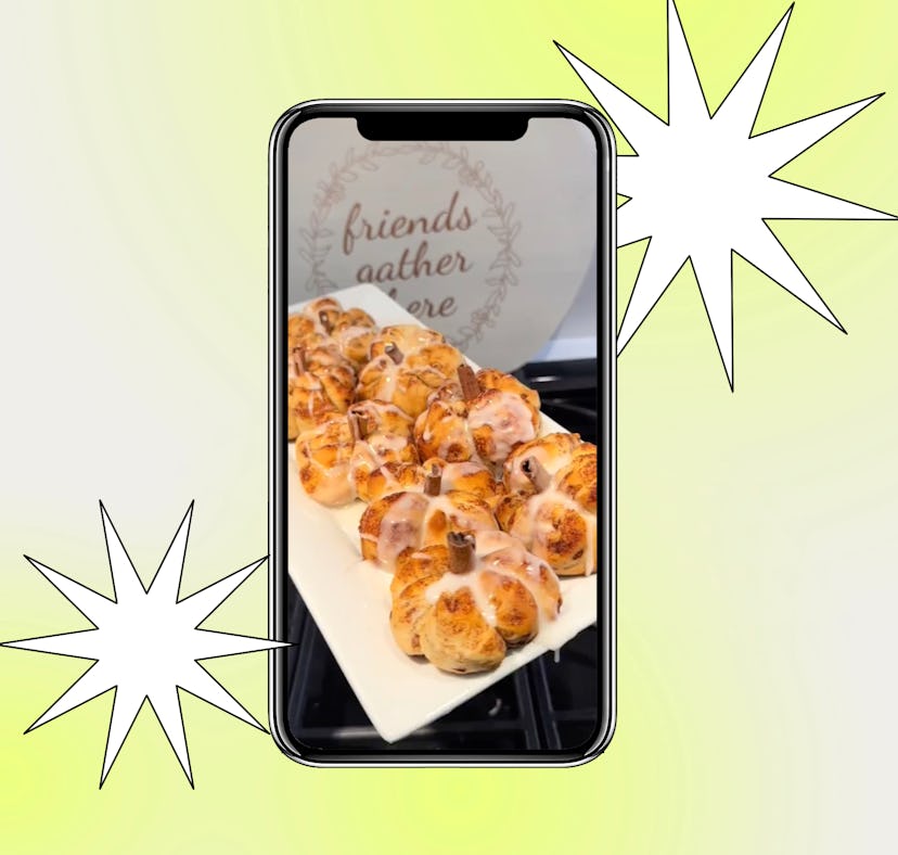 A TikToker shows off a college Friendsgiving recipe for cinnamon roll pumpkins.