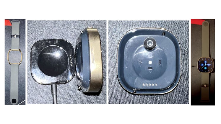 Several shots of a smartwatch band, charging cradle, and a smartwatch with two cameras on it.