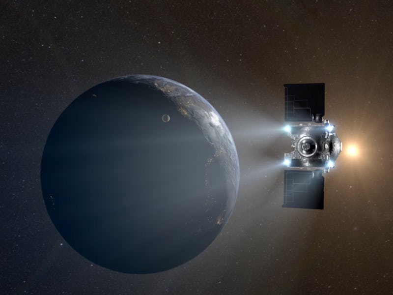 This illustration shows the OSIRIS-REx spacecraft firing rockets to maneuver away from Earth. The as...