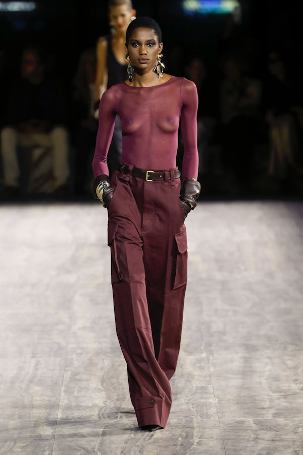 A model walks the runway during the Saint Laurent Ready to Wear Spring/Summer 2024 fashion show.