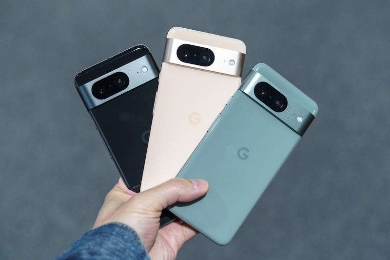 Google Pixel 8 phones in several colors.